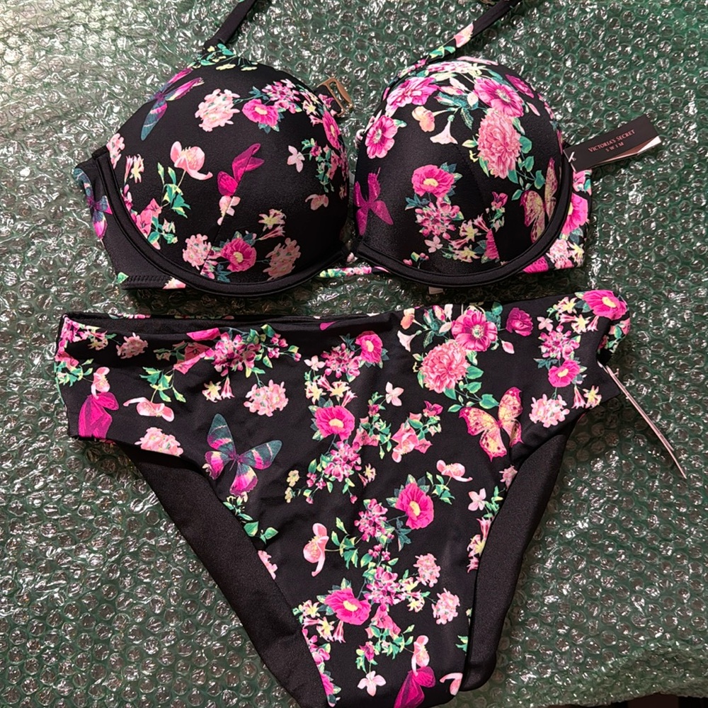 Victoria's Secret Set Bombshell Swim Bikini Bra/Bottom black floral size L 36B - Picture 2 of 15